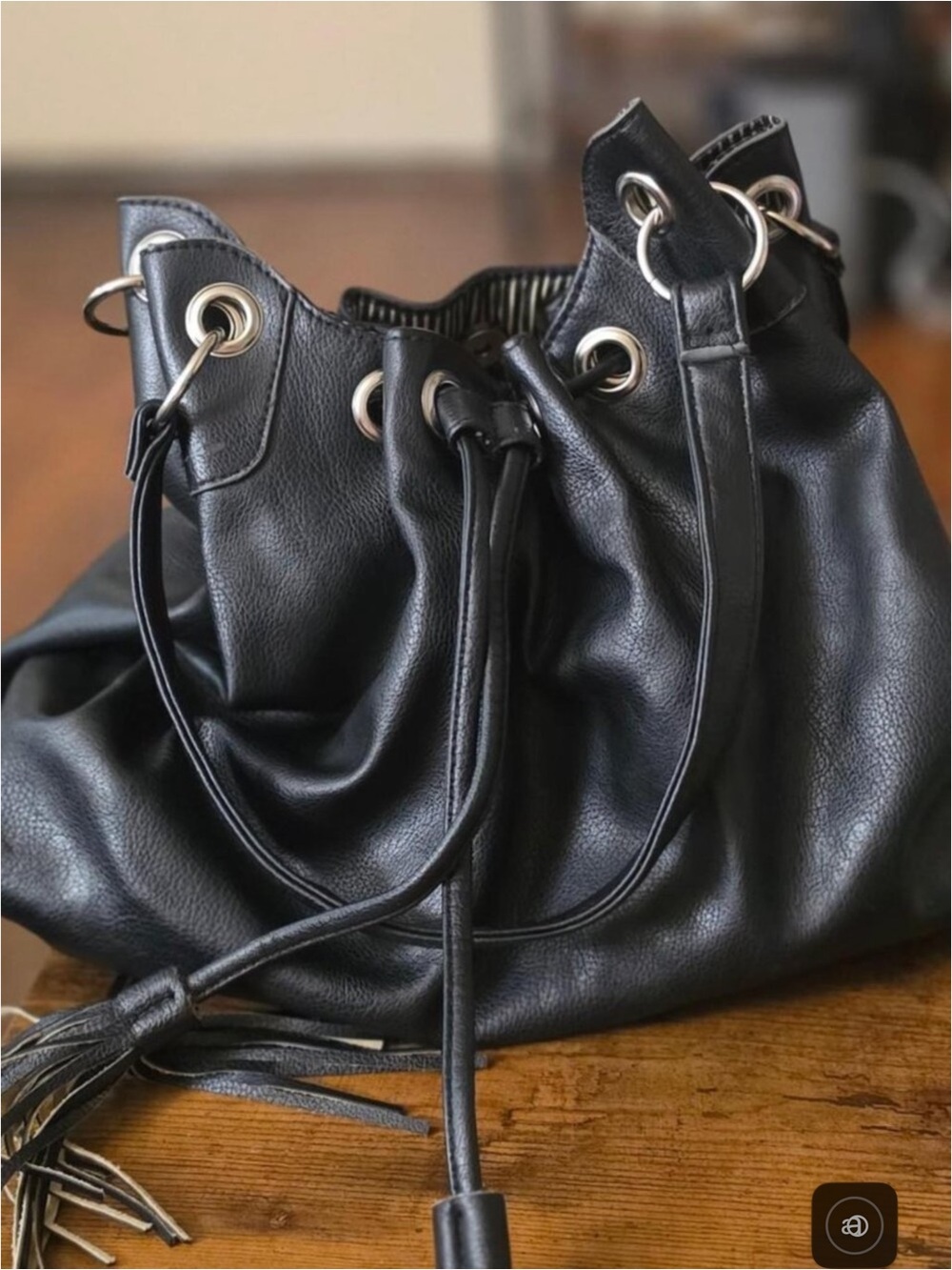 Steve Madden Black Leather Drawstring Hobo Bag with Silver Hardware